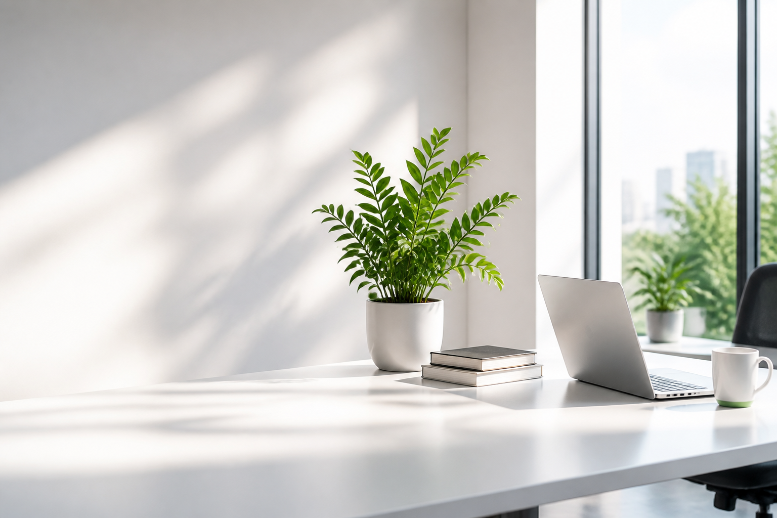 Modern DVMSKE office workspace with plant, laptop and daylight