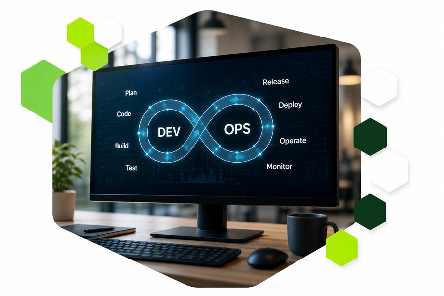 DevOps infinity lifecycle on a workstation monitor
